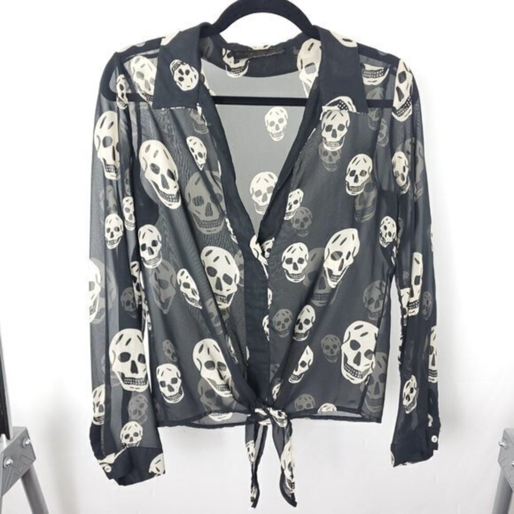 Vintage Havana Black Sheer Tie Front Skull Collared Popover Top Long Sleeve S